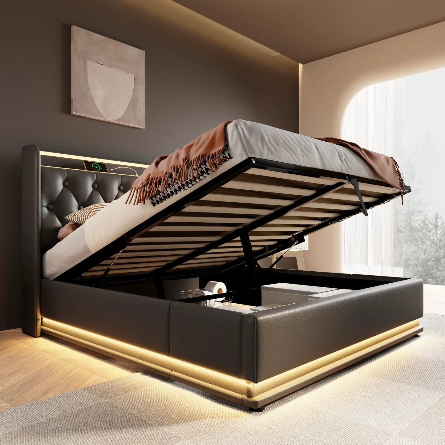 Upholstered storage bed with 360 LED, hydraulic lift, remote control, USB-C charging on Tampa Home & Garden Store