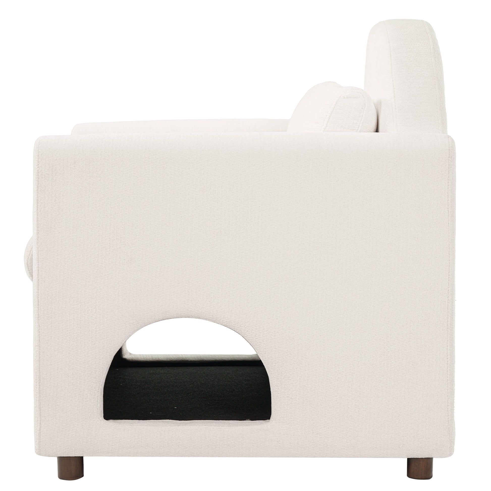 Beige pet-friendly accent chair with hidden pet nook, fabric, dark wood legs, HouseOfZazla on Tampa Home & Garden Store