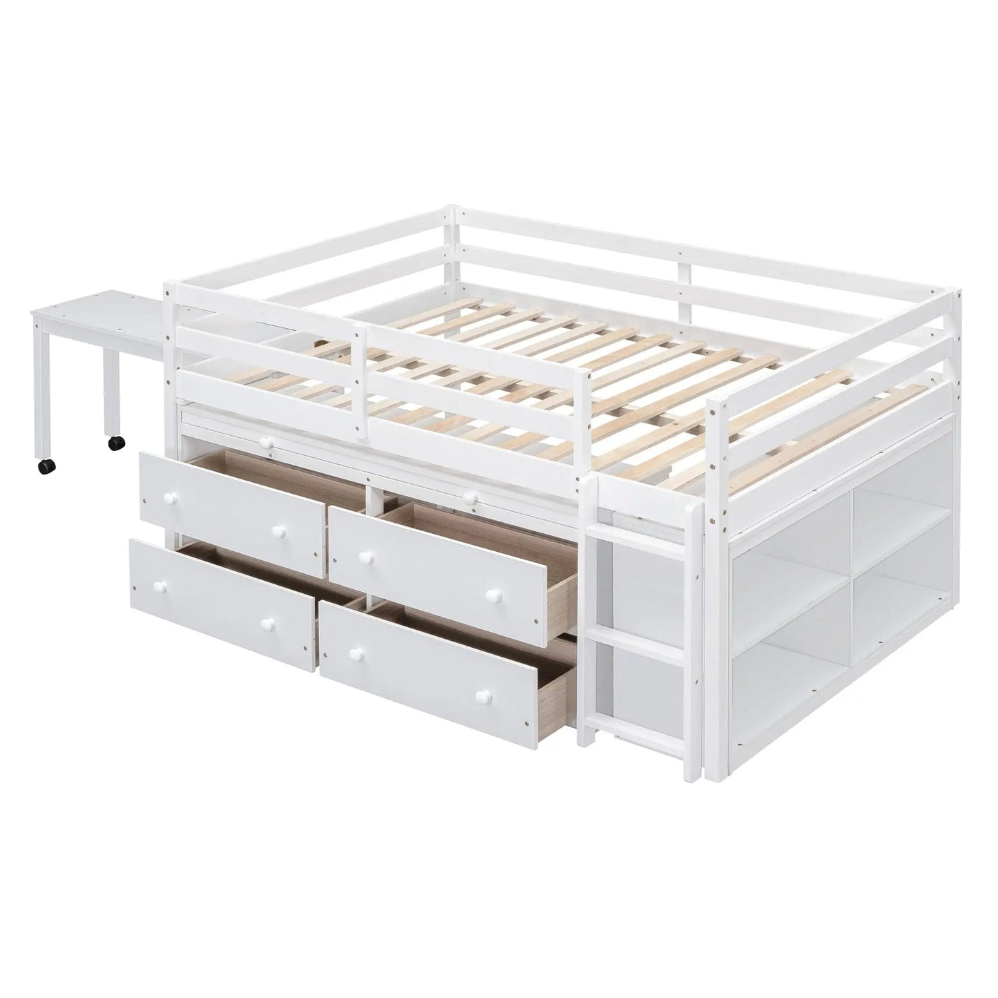White loft bed with slatted base, four drawers, open cubbies, and a movable side desk on wheels on Tampa Home & Garden Store