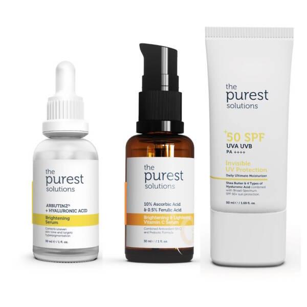 The Purest Solutions skincare trio: brightening serum, vitamin C serum, SPF50+ UV protection on Tampa Home & Garden Store