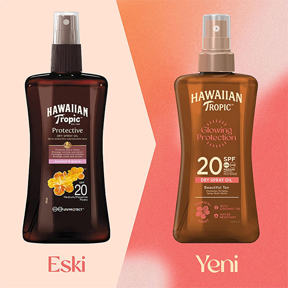 Two Hawaiian Tropic SPF20 dry spray oils with coconut & guava scent, shown as a duo on Tampa Home & Garden Store