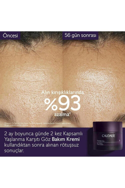 Caudalie Premier Cru The Cream jar on purple backdrop with before/after skin close-ups on Tampa Home & Garden Store
