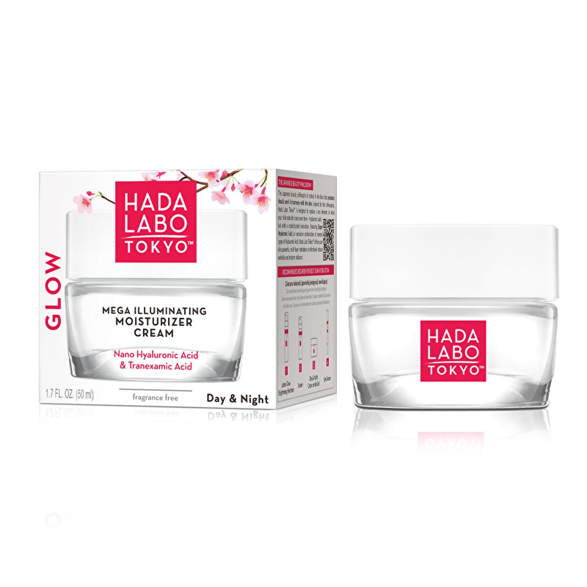 Hada Labo Tokyo Glow Mega Illuminating Moisturizer Cream jar beside its box with pink logo on Tampa Home & Garden Store