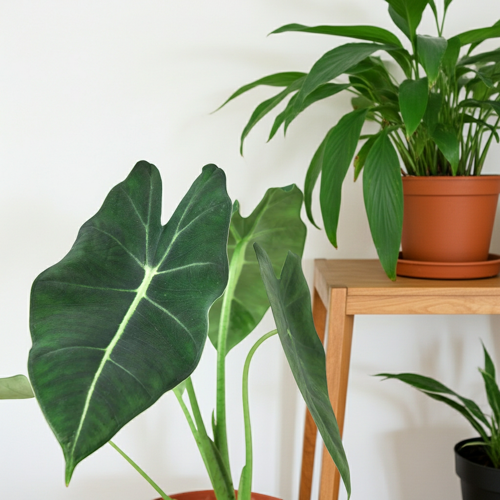 Alocasia Micholitziana Frydek indoor plant with large dark leaves Rooted Treasures Farms on Tampa Home & Garden Store