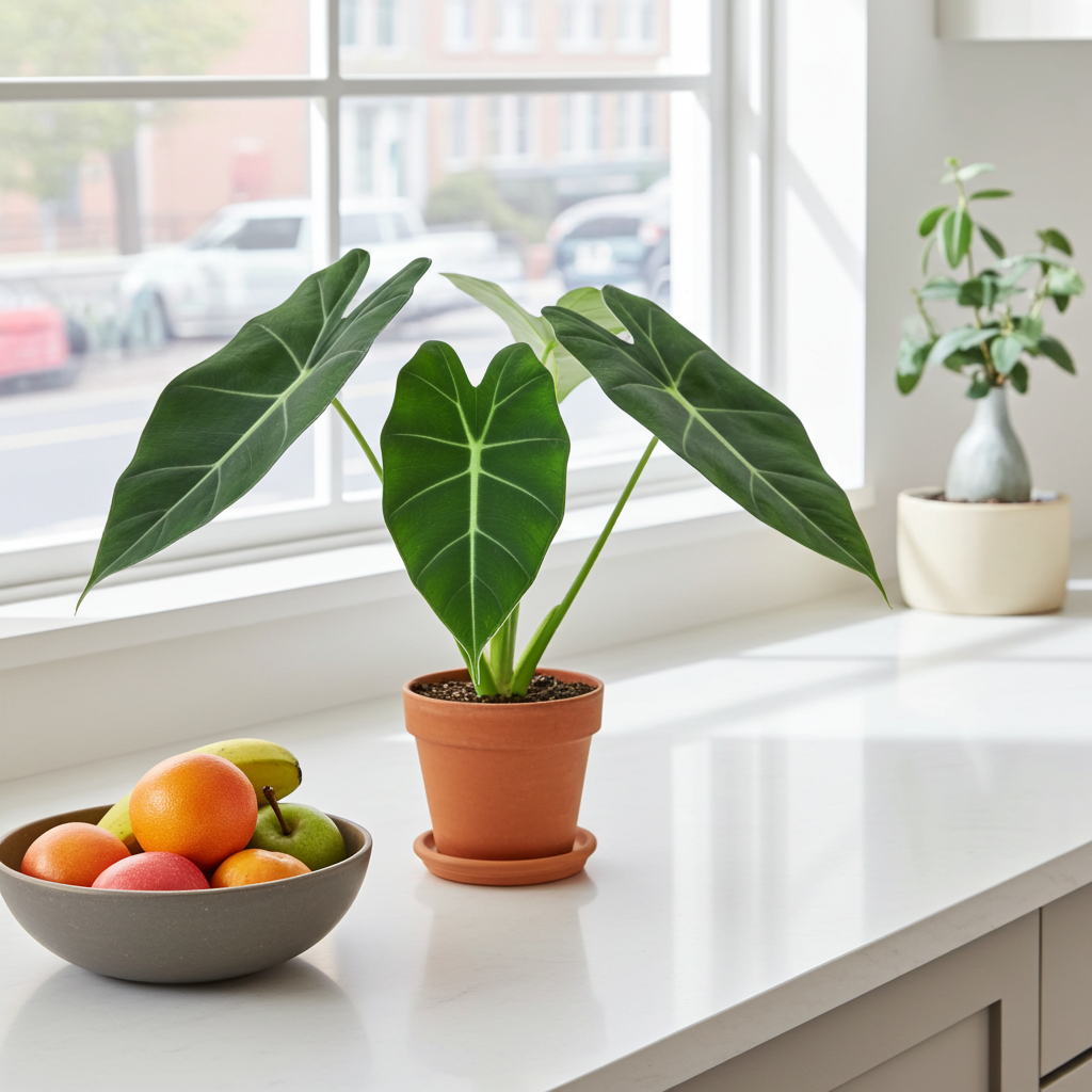 Alocasia Micholitziana Frydek indoor plant in a terracotta pot with glossy green arrow leaves on Tampa Home & Garden Store
