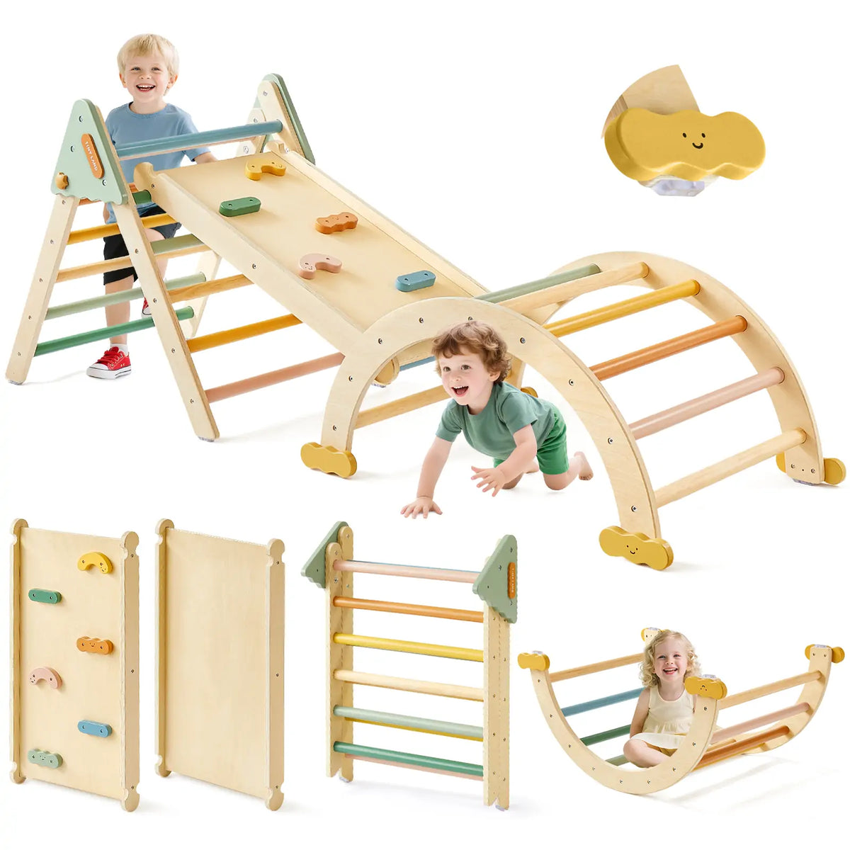 Tiny Land 7-in-1 Morandi Pikler climbing set by Tiny Land INC natural wood with pastel rungs on Tampa Home & Garden Store
