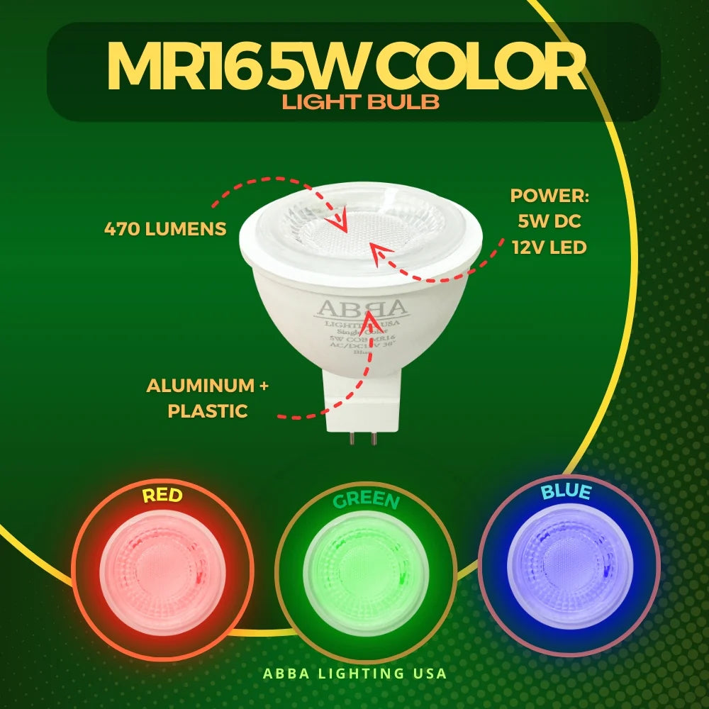 Single Color MR16 Red, Green, or Blue Energy Saving Waterproof 12V Outdoor LED Light Bulb