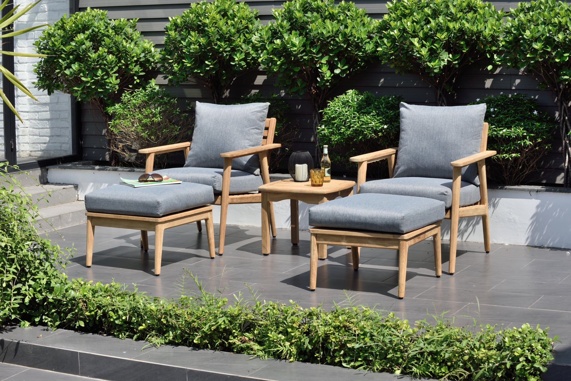 Eve FSC Teak Outdoor Conversation with Cushions, teak frame and grey cushions, chairs + ottoman on Tampa Home & Garden Store