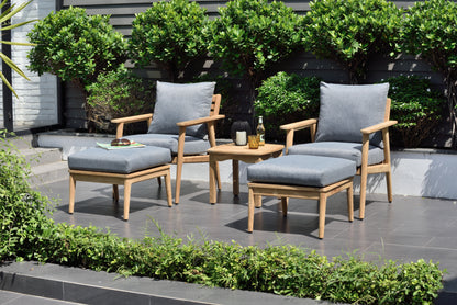 Eve FSC Teak Outdoor Conversation with Cushions, teak frame and grey cushions, chairs + ottoman on Tampa Home & Garden Store