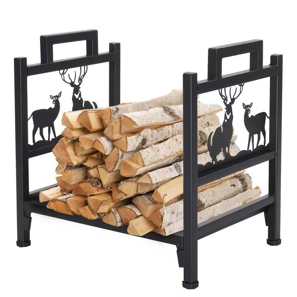 1.5 Ft. Black Metal Firewood Log Rack with Deer Pattern - Tampa Home & Garden Store