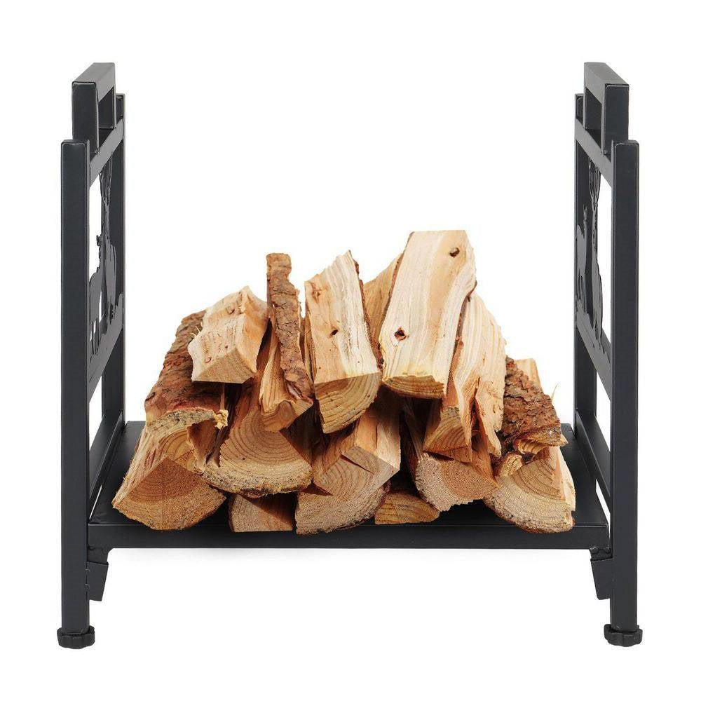 1.5 Ft. Black Metal Firewood Log Rack with Deer Pattern - Tampa Home & Garden Store