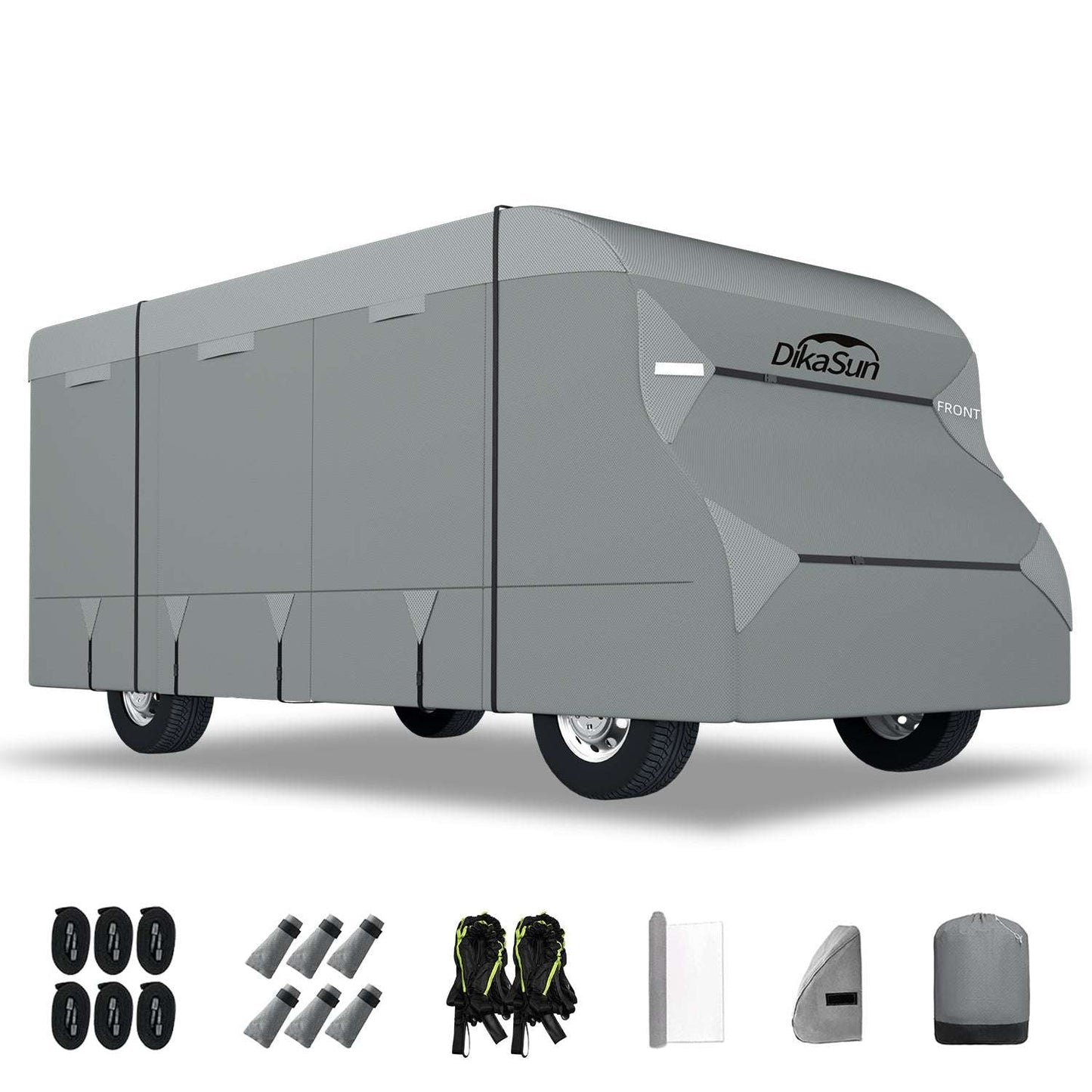 Grey Dikasun Outdoor 7-layer Class C RV cover on a motorhome; tear‑resistant breathable waterproof ripstop on Tampa Home & Garden Store