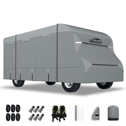 Grey Dikasun Outdoor 7-layer Class C RV cover on a motorhome; tear‑resistant breathable waterproof ripstop on Tampa Home & Garden Store