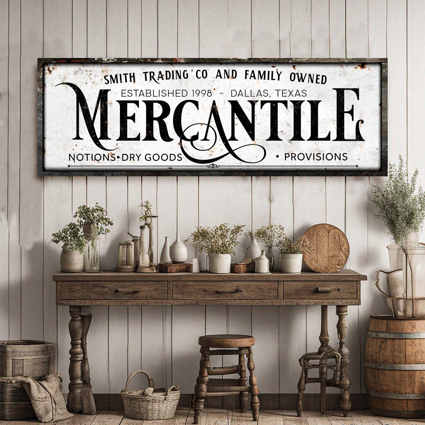 Family Owned Mercantile Sign canvas by Tailored Canvases, distressed white background on Tampa Home & Garden Store