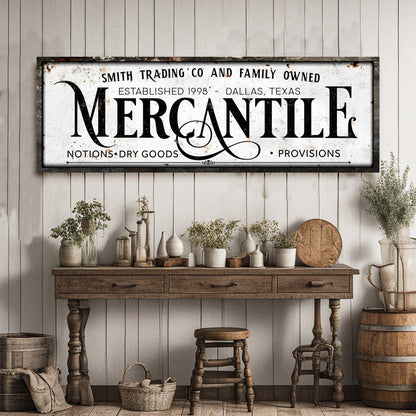 Family Owned Mercantile Sign canvas by Tailored Canvases, distressed white background on Tampa Home & Garden Store