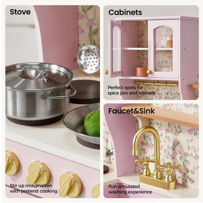 Tiny Land® wooden play kitchen with storage in pink, brass faucet and metal pots on Tampa Home & Garden Store