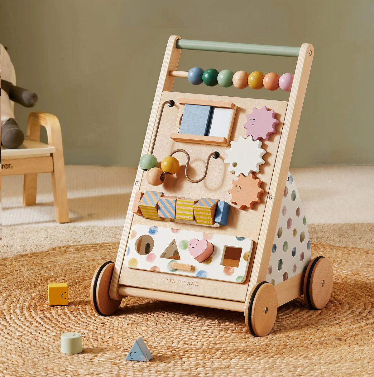 Tiny Land® Versatile Natural Wooden Baby Walker with colorful bead maze top on Tampa Home & Garden Store