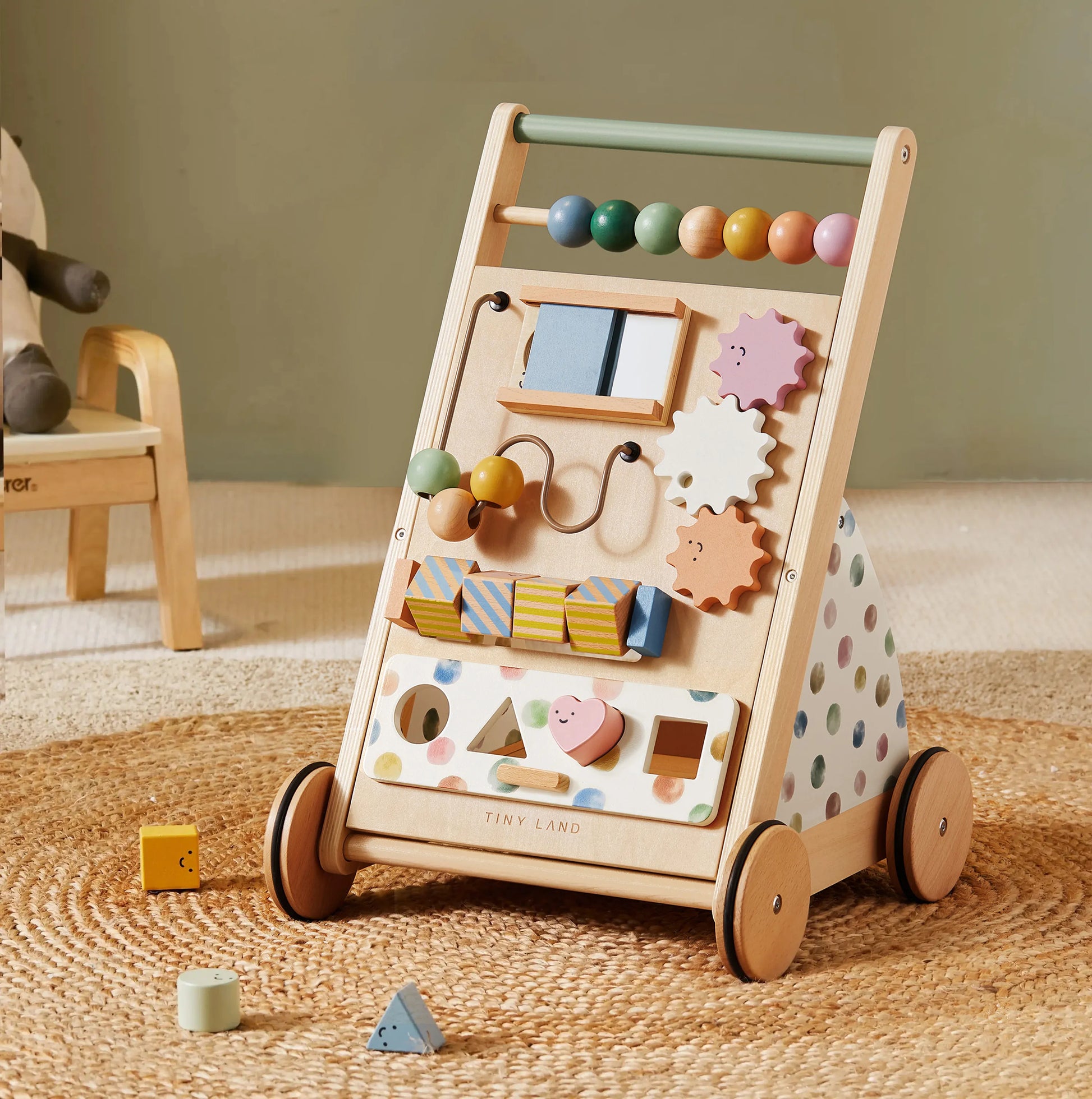 Tiny Land® Versatile Natural Wooden Baby Walker with colorful bead maze top on Tampa Home & Garden Store