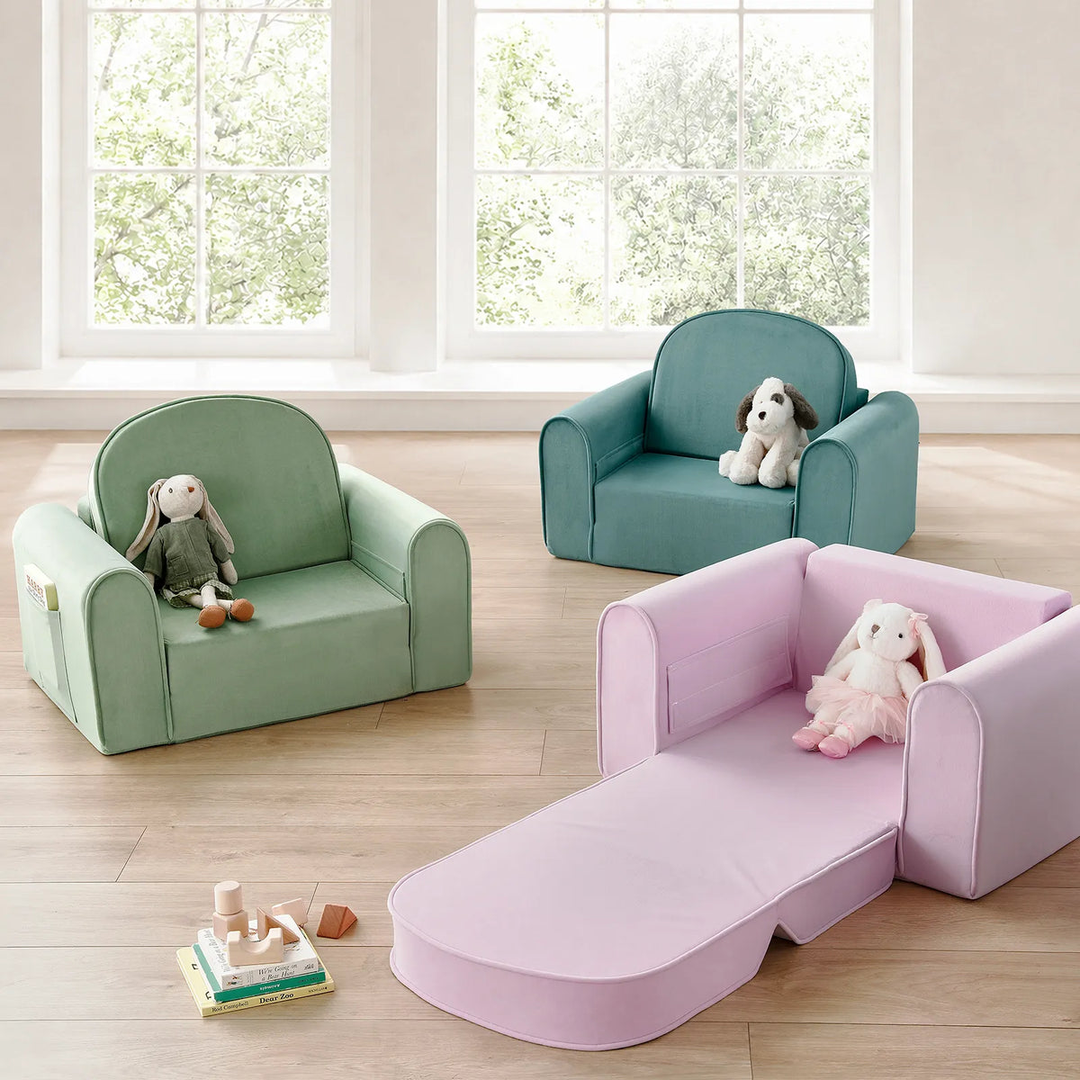 Tiny Land GentleSnug kids sofa chair set in teal green pink with plush toys in a playroom on Tampa Home & Garden Store