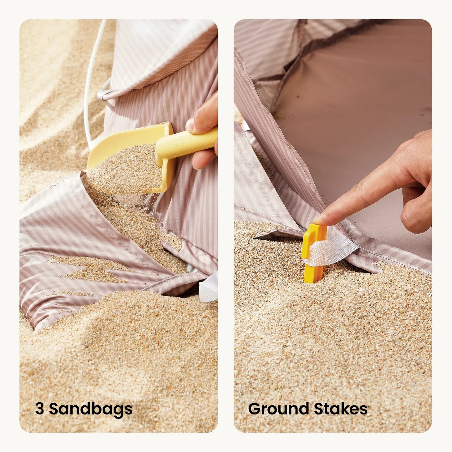 Tiny Land 3-in-1 Baby Beach Tent striped beige fabric with sandbags and ground stakes on Tampa Home & Garden Store
