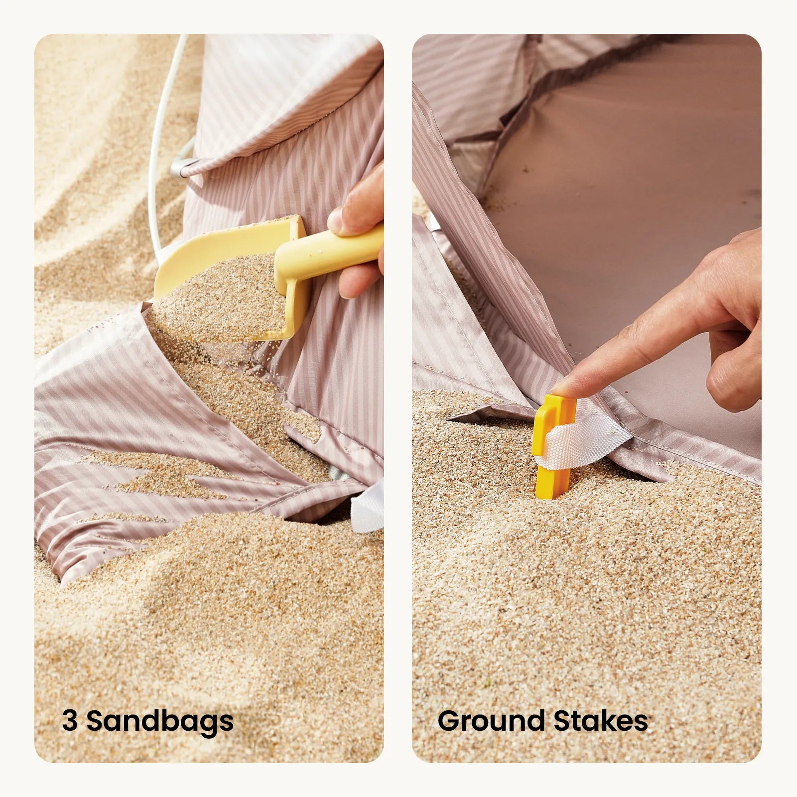 Tiny Land 3-in-1 Baby Beach Tent striped beige fabric with sandbags and ground stakes on Tampa Home & Garden Store