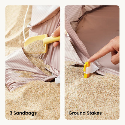 Tiny Land 3-in-1 Baby Beach Tent striped beige fabric with sandbags and ground stakes on Tampa Home & Garden Store