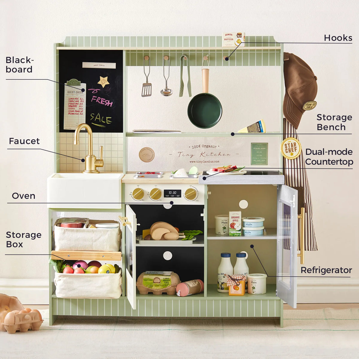 Tiny Land BistroSwitch play kitchen toy in pastel green with oven and hooks by Tiny Land INC on Tampa Home & Garden Store