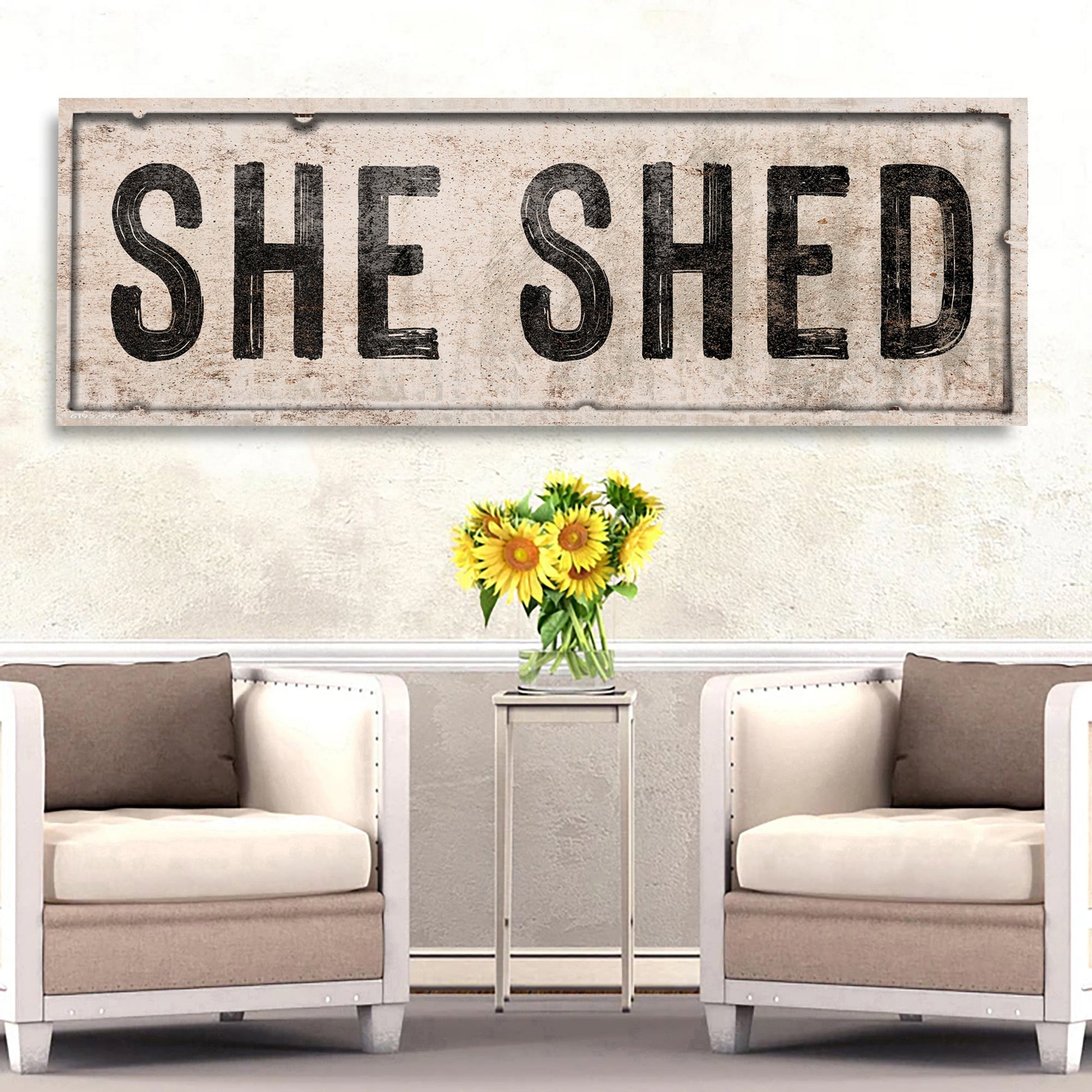 She Shed canvas sign by Tailored Canvases, rustic beige with bold black lettering on Tampa Home & Garden Store