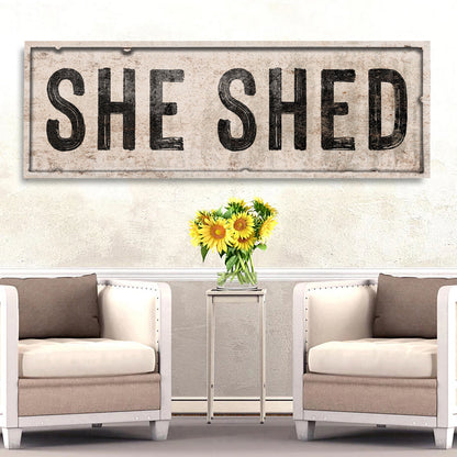 She Shed canvas sign by Tailored Canvases, rustic beige with bold black lettering on Tampa Home & Garden Store