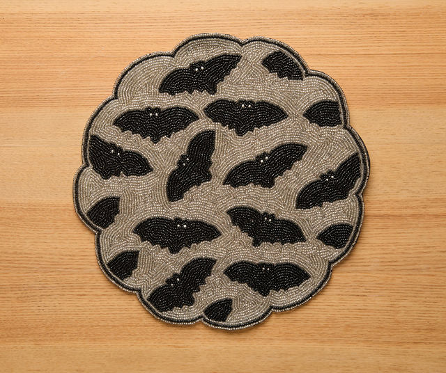 Halloween Bat Beaded Placemat Handmade Round Black Gold Table Decor Gothic Dining Mat Scalloped Edge Spooky Party Setting Gift
