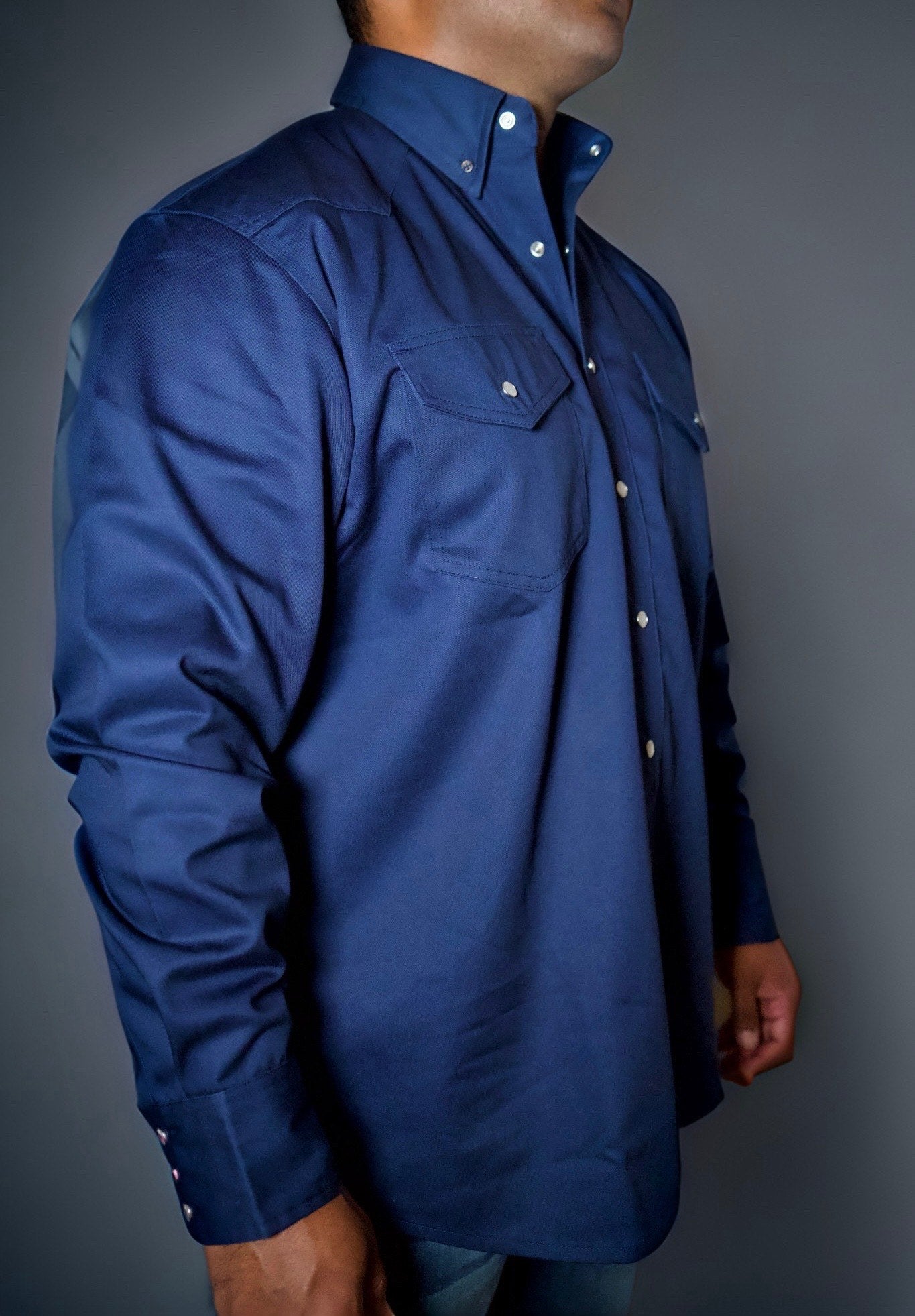 FR Western Style Pearl Snap Shirt Navy by Static FR with chest pockets on Tampa Home & Garden Store
