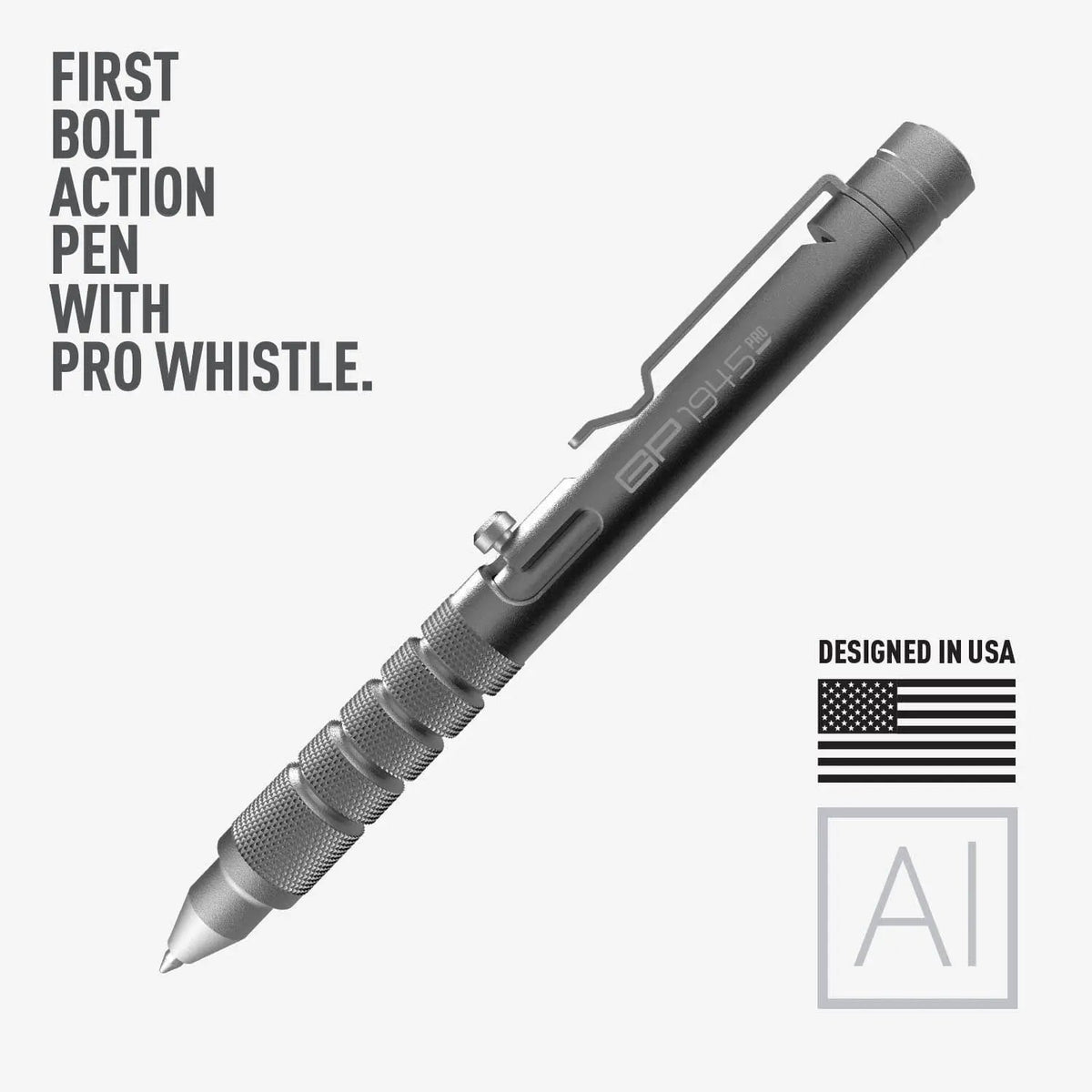 GP 1945 Bolt Action Pen LITE by GPCA, steel-gray knurled metal EDC pen on Tampa Home & Garden Store