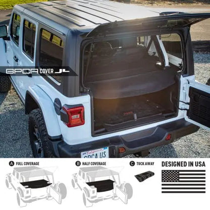 GPCA Jeep Wrangler JL 4DR Cargo Cover LITE in open rear cargo area showing full, half, tuck-away on Tampa Home & Garden Store