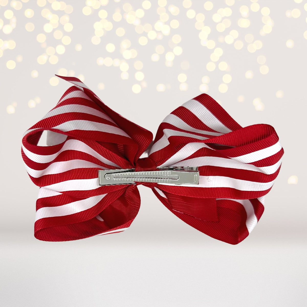 Hair bow oversized red and white stripe grosgrain barrette by Chicky Chicky Bling Bling on Tampa Home & Garden Store