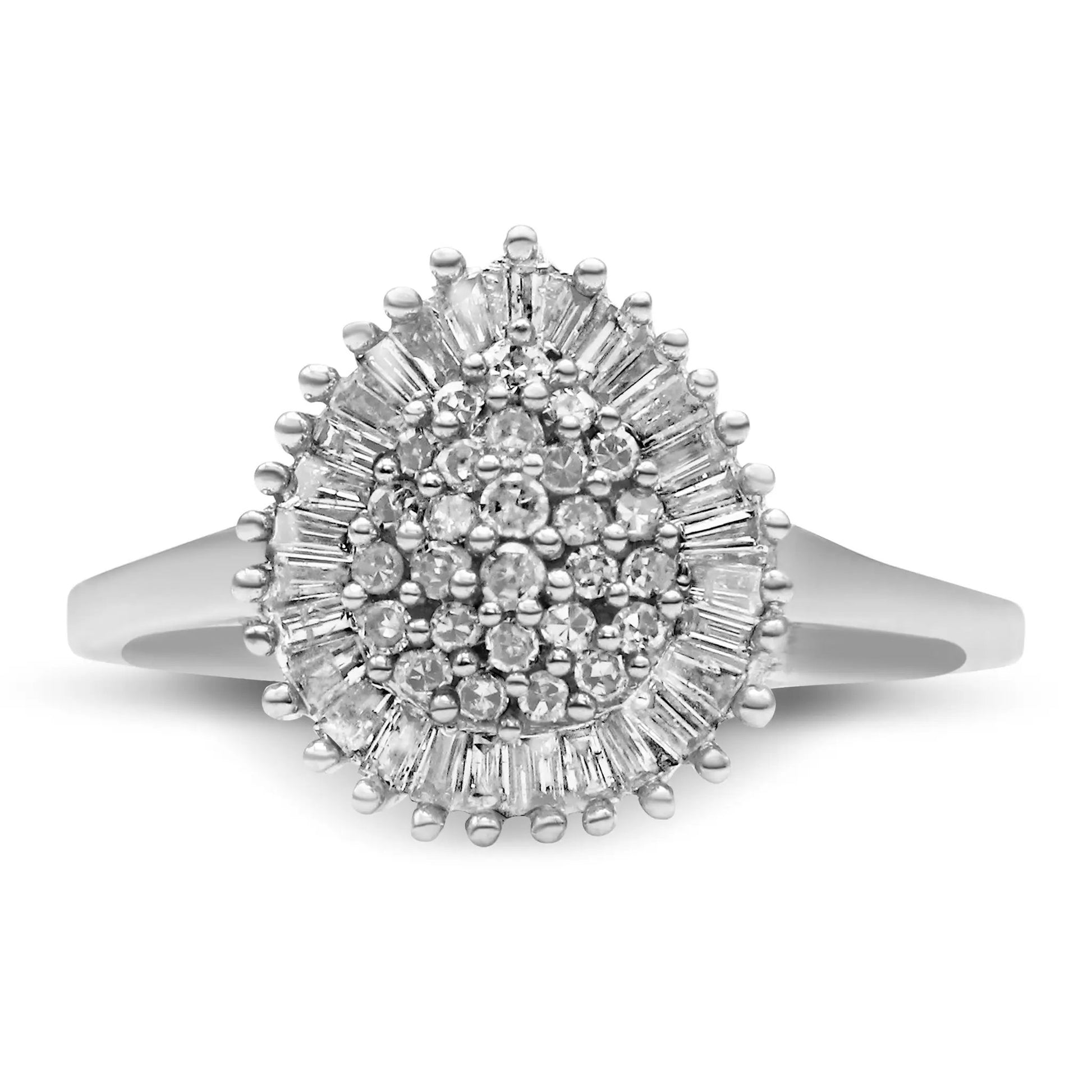 Diamond pave halo cocktail ring in 10K white gold with round and baguette diamonds, size 5 on Tampa Home & Garden Store