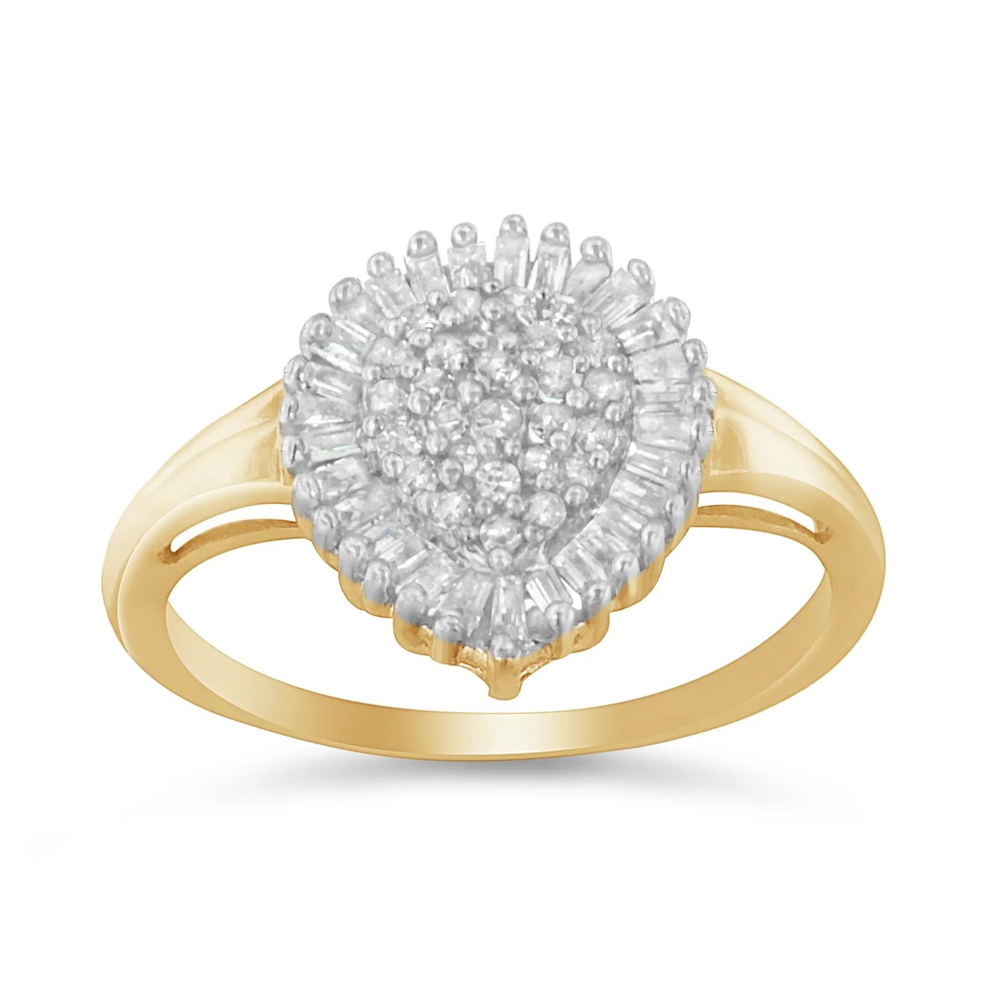 10K yellow gold cocktail ring with round & baguette pavé diamond cluster in a halo, size 4-1/4 on Tampa Home & Garden Store