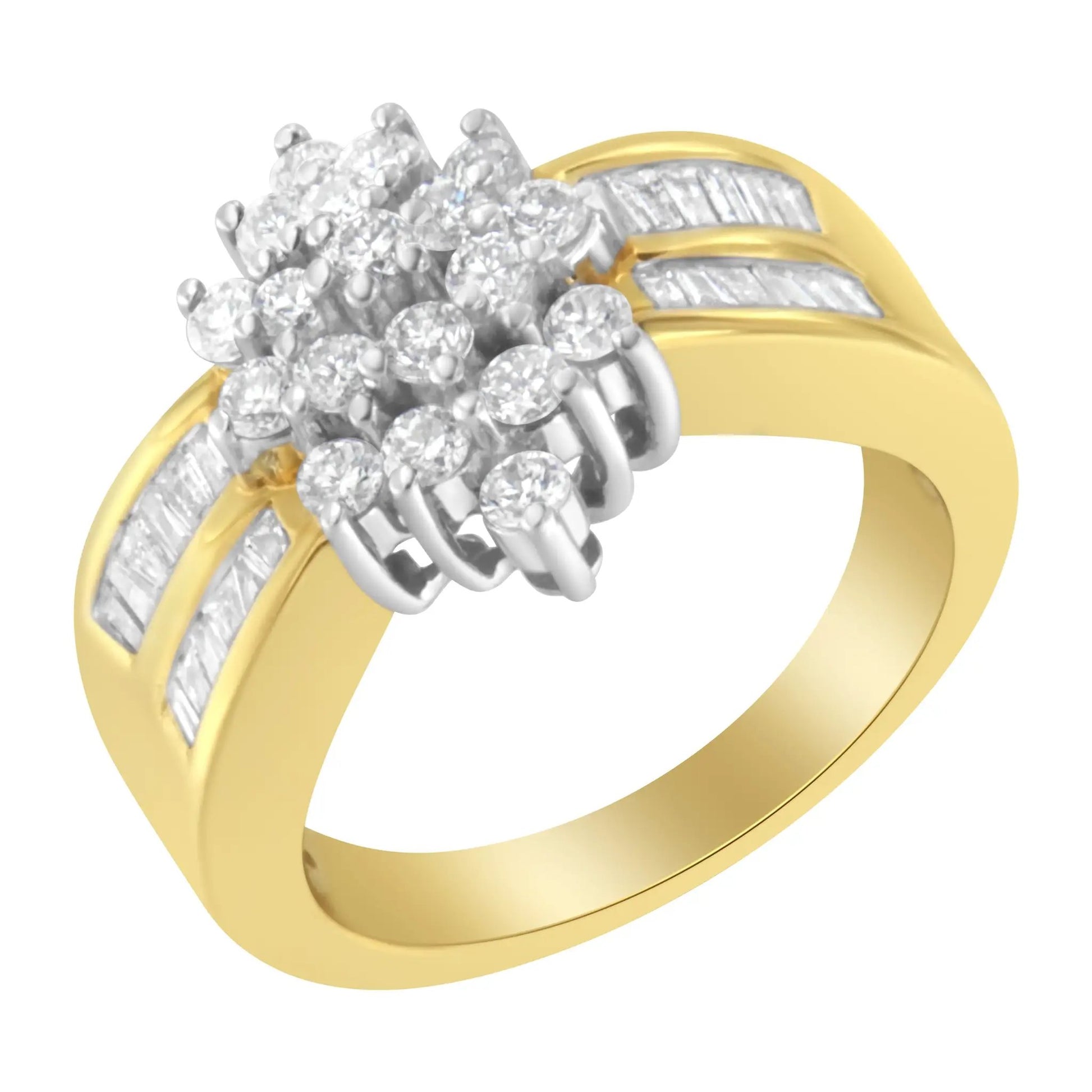 10K yellow gold ring with floral cluster of round and baguette diamonds on a double-channel band on Tampa Home & Garden Store