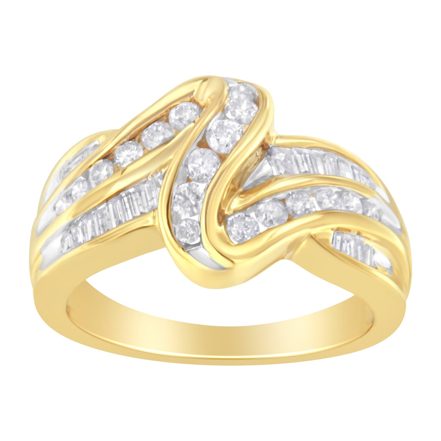 10K yellow gold bypass ring with channelset round baguette diamonds, shank, size 6.75 on Tampa Home & Garden Store