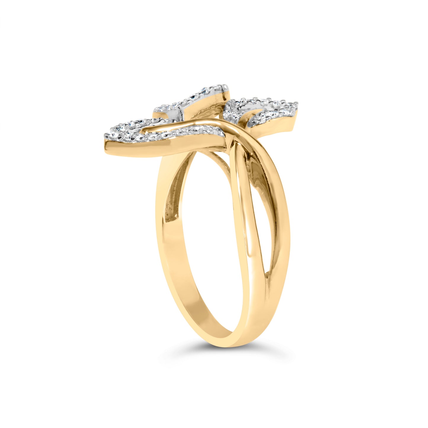 Two-tone gold plated ring with baguette and round diamonds in a bypass triple leaf design size 7 on Tampa Home & Garden Store