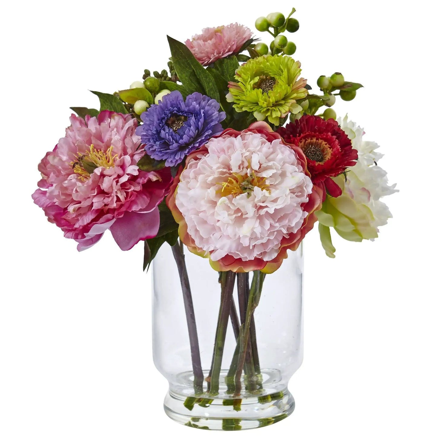 10.5" Artificial Peony and Mum in Glass Vase" - Tampa Home & Garden Store
