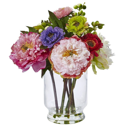 10.5" Artificial Peony and Mum in Glass Vase" - Tampa Home & Garden Store