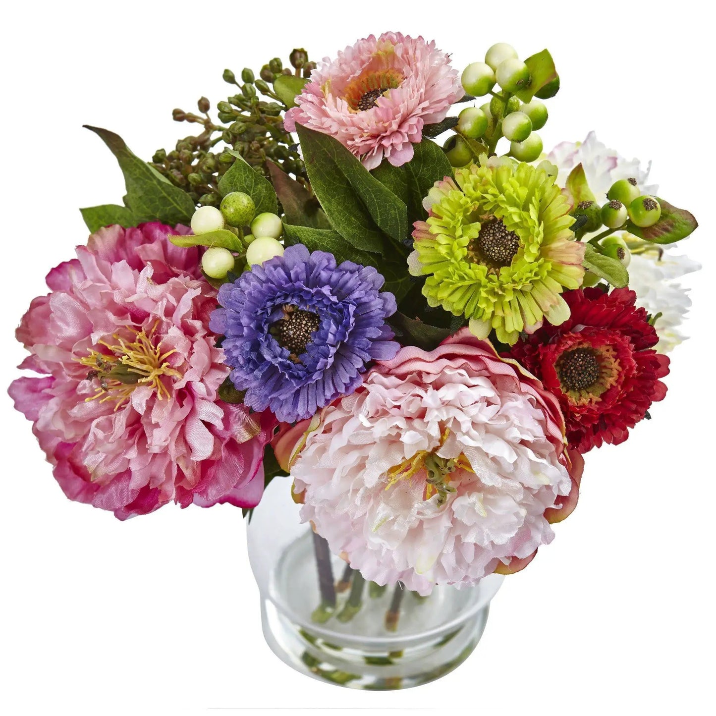 10.5" Artificial Peony and Mum in Glass Vase" - Tampa Home & Garden Store