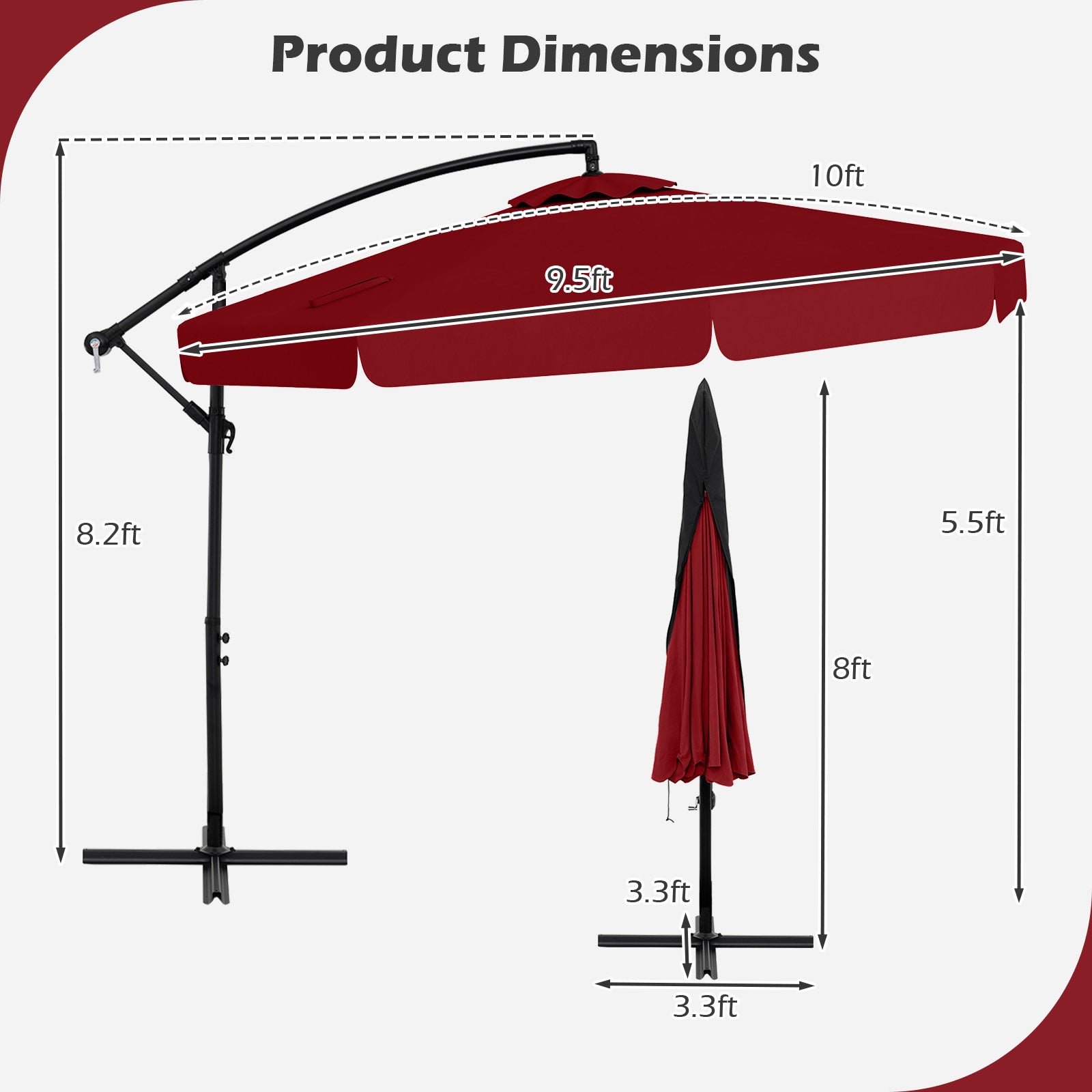10 Feet Patio Cantilever Umbrella with Cover Tilt Adjustment and Ruffled Edge-Wine - Tampa Home & Garden Store