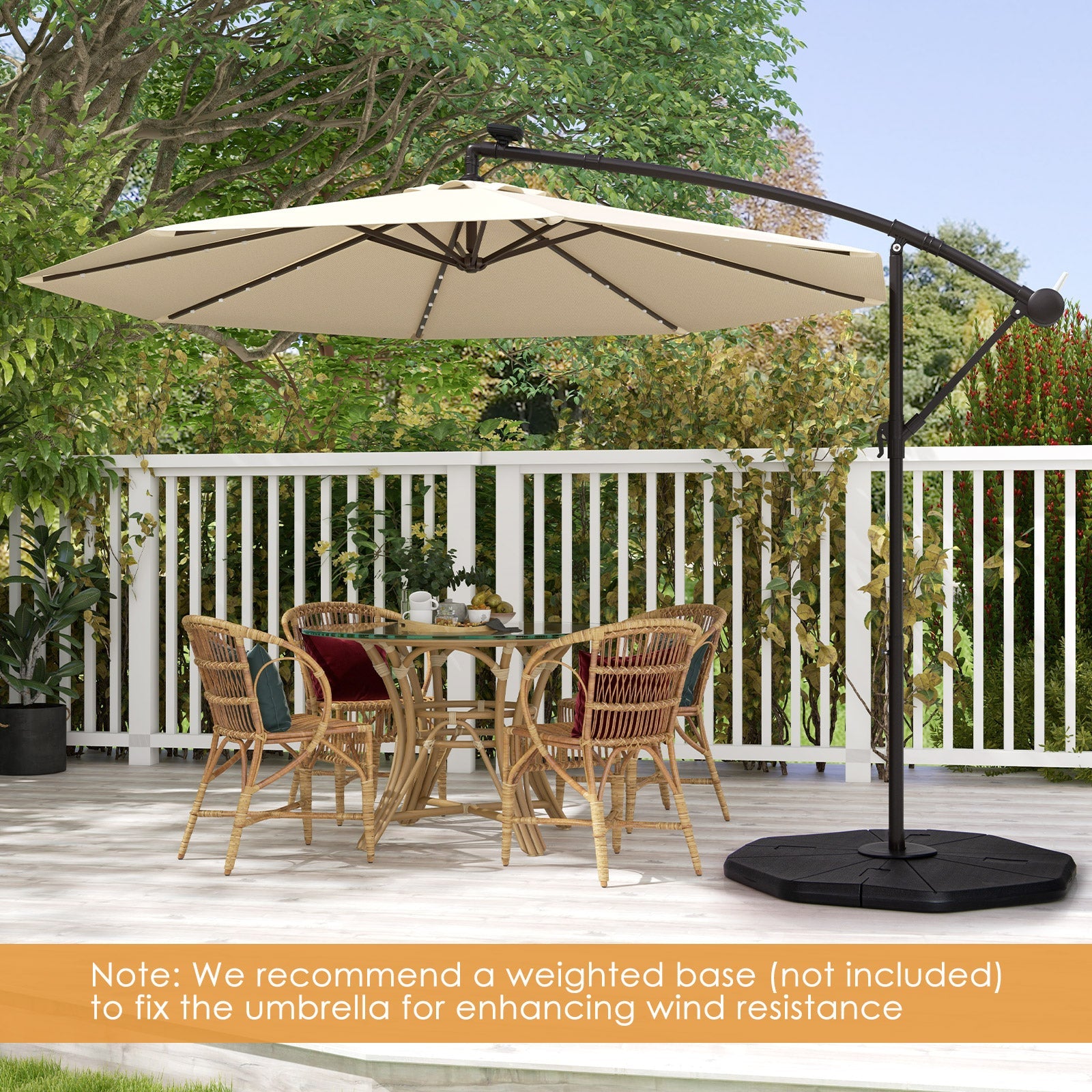10 Feet Solar Offset Hanging Umbrella with 40 Lamp Beads and Solar Panel-Beige - Tampa Home & Garden Store