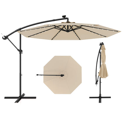 10 Feet Solar Offset Hanging Umbrella with 40 Lamp Beads and Solar Panel-Beige - Tampa Home & Garden Store