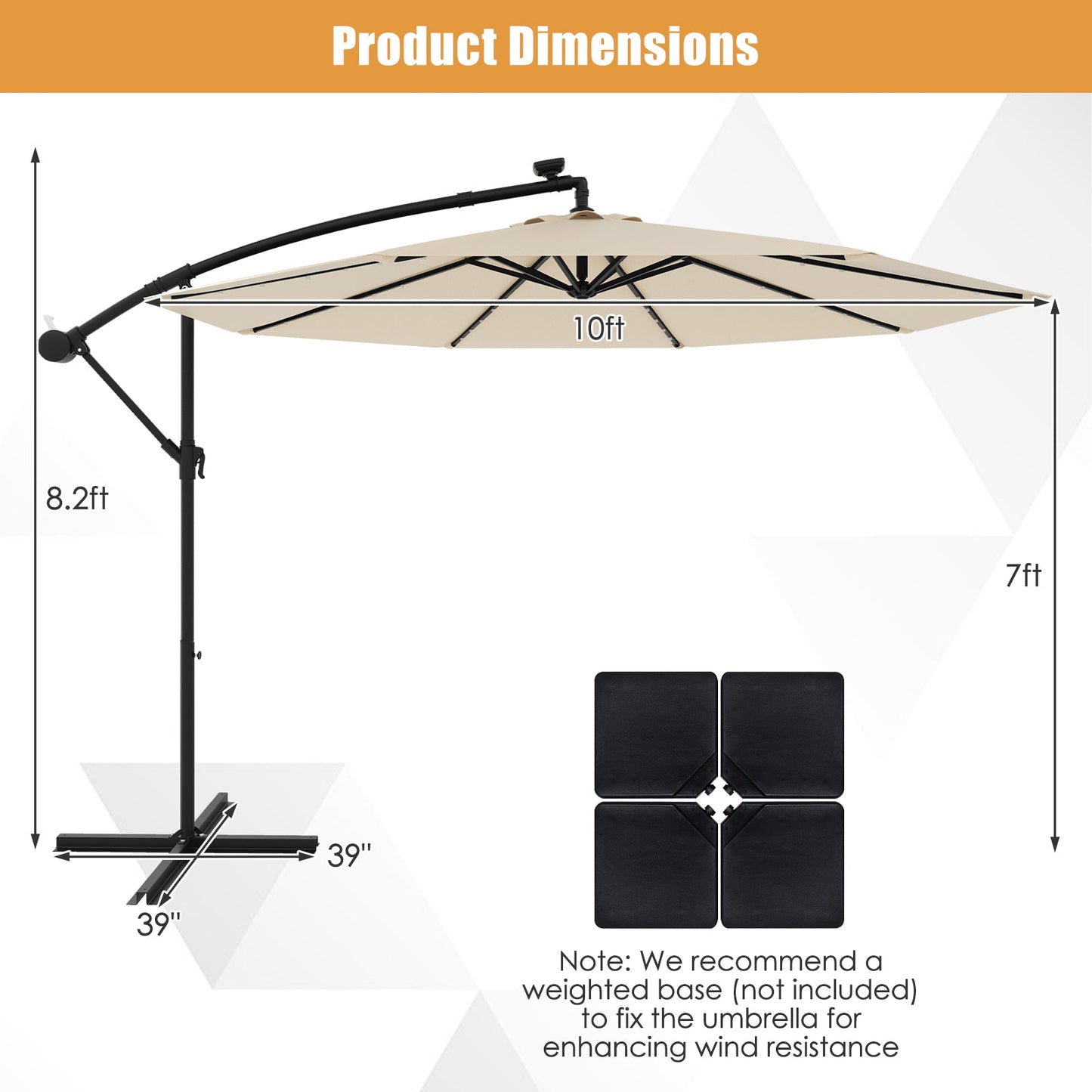 10 Feet Solar Offset Hanging Umbrella with 40 Lamp Beads and Solar Panel-Beige - Tampa Home & Garden Store