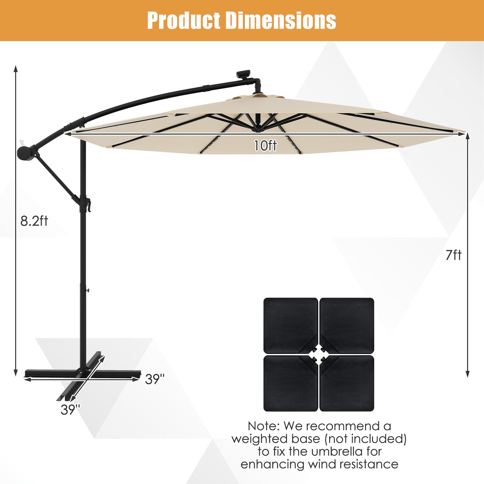 10 Feet Solar Offset Hanging Umbrella with 40 Lamp Beads and Solar Panel-Beige - Tampa Home & Garden Store