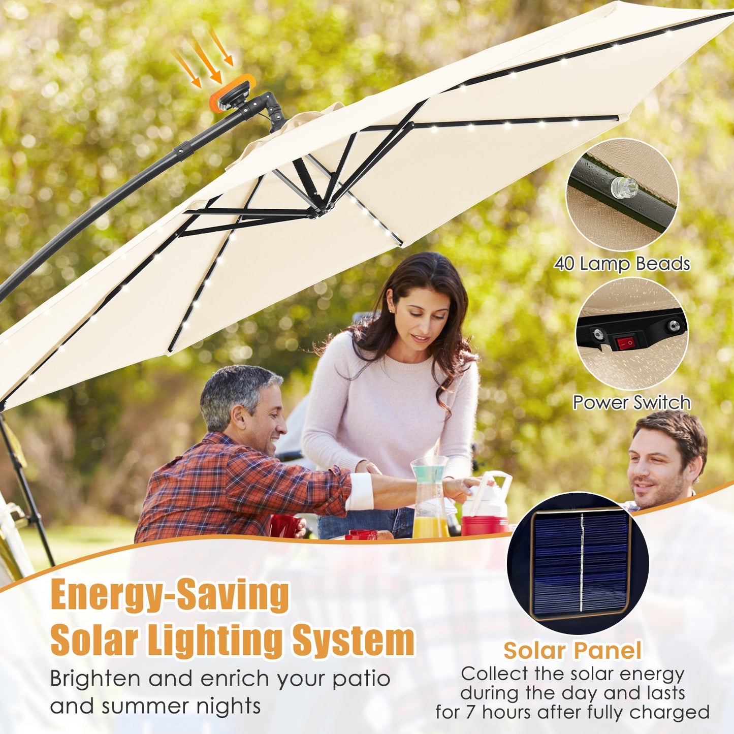 10 Feet Solar Offset Hanging Umbrella with 40 Lamp Beads and Solar Panel-Beige - Tampa Home & Garden Store