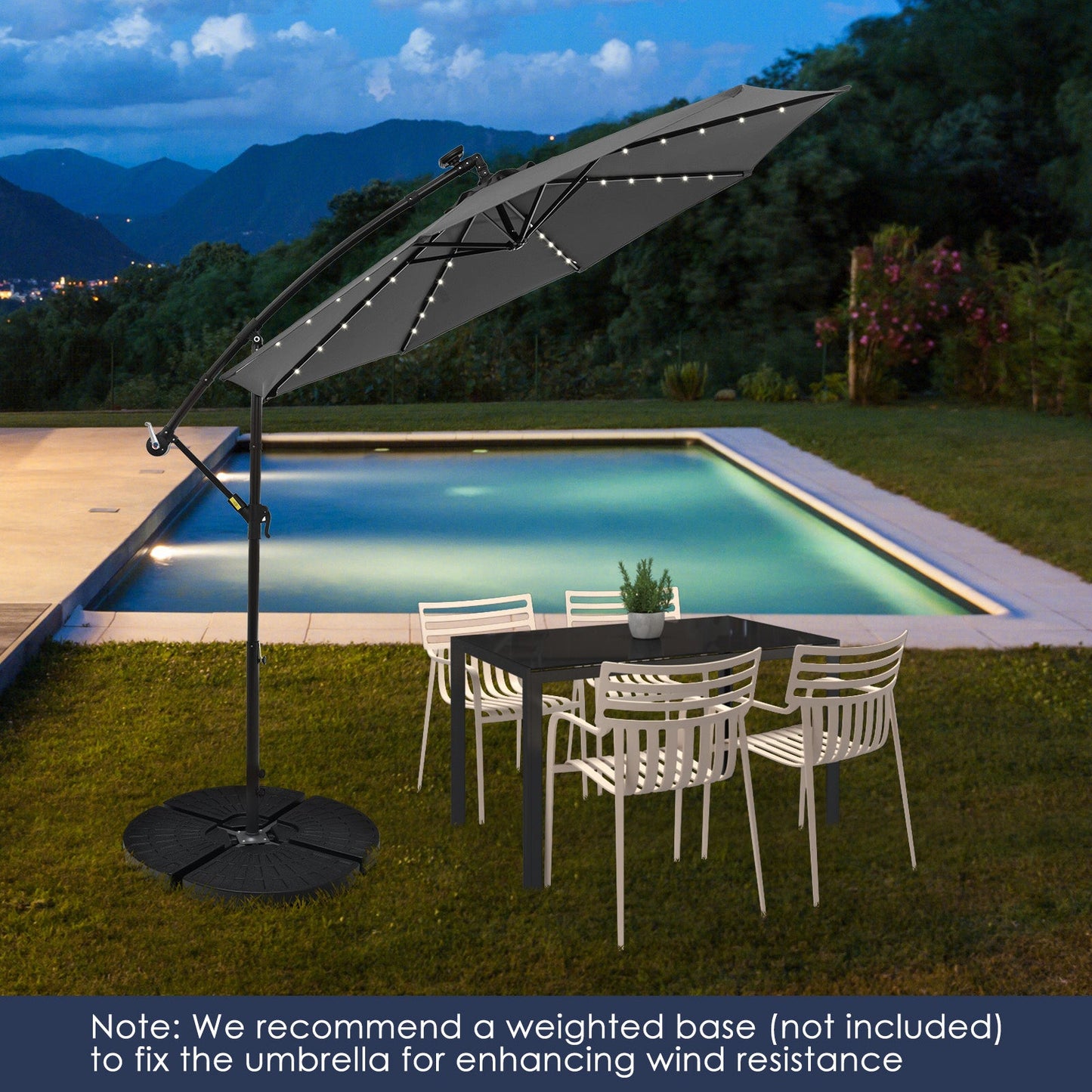 10 Feet Solar Offset Hanging Umbrella with 40 Lamp Beads and Solar Panel-Gray - Tampa Home & Garden Store