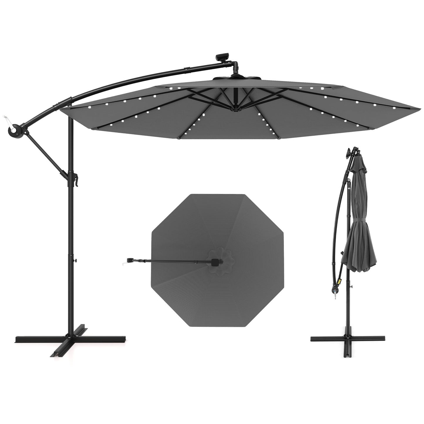 10 Feet Solar Offset Hanging Umbrella with 40 Lamp Beads and Solar Panel-Gray - Tampa Home & Garden Store